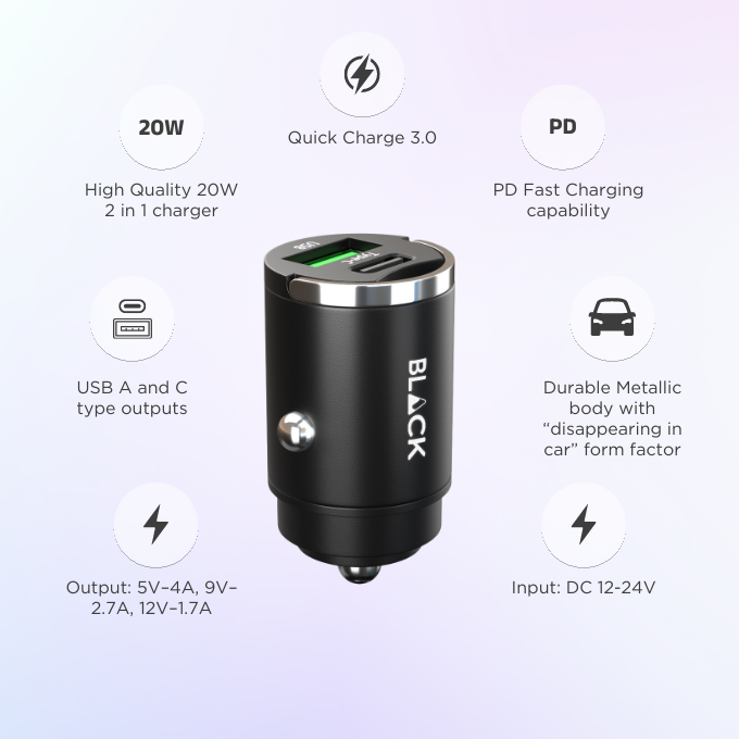 BLACK Power C 2 in 1 Fast Car Charger Metal 100W with USB A and C, 1Yr warranty BLACK Power C 2 in 1 Fast Car Charger Metal 100W with USB A and C, 1Yr warranty
